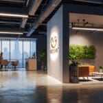 Oficinas de una startup tecnológica moderna con dispositivos sostenibles y naturaleza.