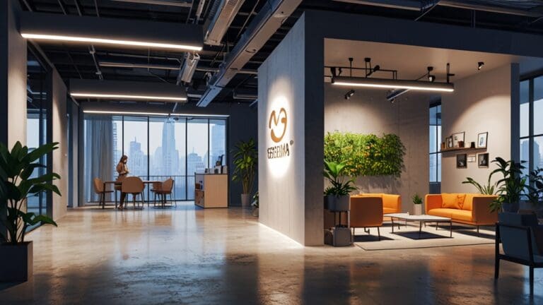 Oficinas de una startup tecnológica moderna con dispositivos sostenibles y naturaleza.