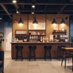 Interior moderno de un café tecnológico con áreas de trabajo colaborativo en un entorno urbano