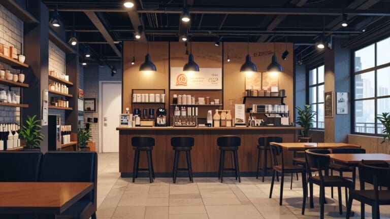 Interior moderno de un café tecnológico con áreas de trabajo colaborativo en un entorno urbano