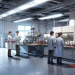 Colaboración tecnológica entre empresas en un laboratorio moderno con enfoque en energías renovables