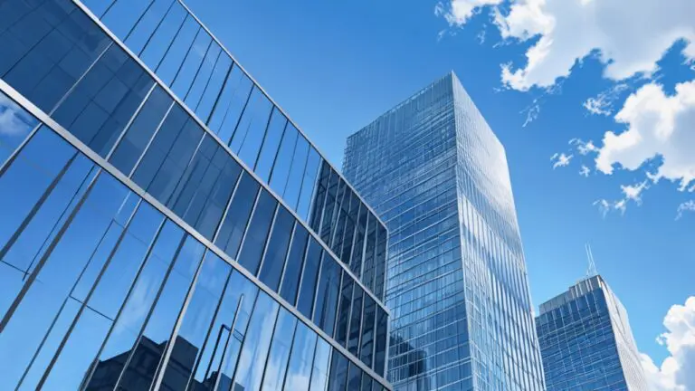 Edificio corporativo moderno con cielo despejado en entorno urbano