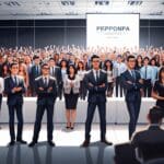 Grupos de personas en un evento empresarial interior con un gran cartel digital al fondo