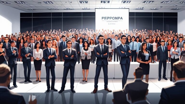 Grupos de personas en un evento empresarial interior con un gran cartel digital al fondo