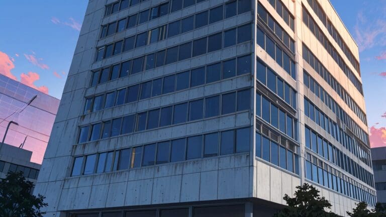 Un edificio moderno de oficinas tecnológicas con paneles solares en la azotea al atardecer