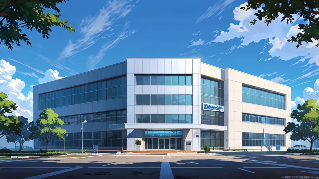 Edificio moderno de la sede de una startup tecnológica con cielo despejado.