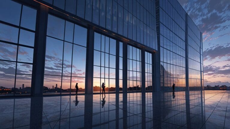 Edificios corporativos de tecnología moderna al amanecer