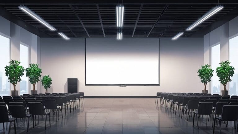 Sala de conferencias moderna y tecnológica con asistentes atentos y proyectores iluminando gráficos