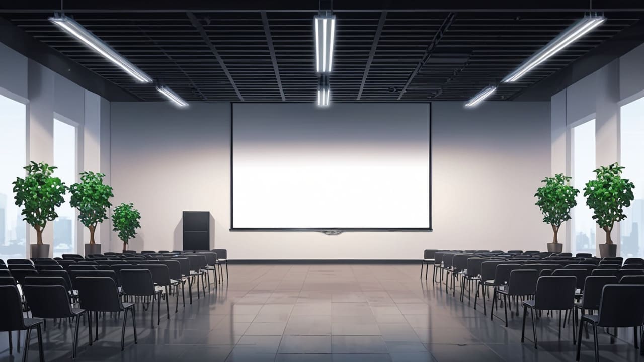 Sala de conferencias moderna y tecnológica con asistentes atentos y proyectores iluminando gráficos