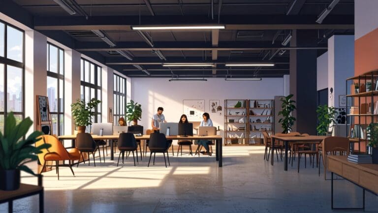 Vista moderna de un espacio de coworking tecnológico con jóvenes emprendedores trabajando en laptops.