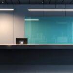 Dispositivo POS moderno sobre una mesa de vidrio con fondo de oficina tecnológica