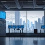 Vista de un pabellón moderno con stands de empresas tecnológicas y pantallas digitales.