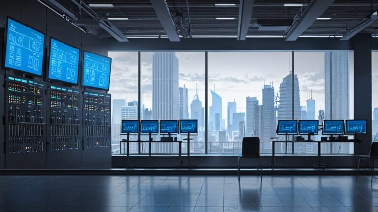 Vista de un pabellón moderno con stands de empresas tecnológicas y pantallas digitales.