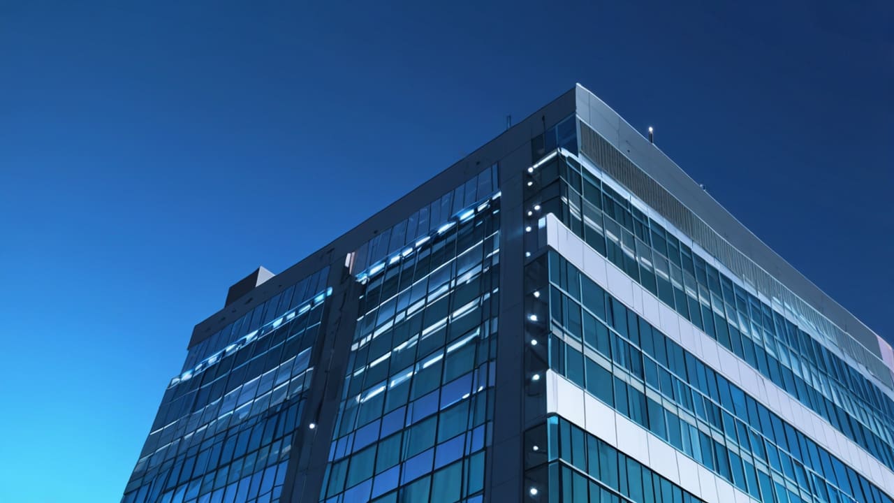 Edificio moderno con luces de tecnología y un cielo azul claro en el fondo