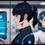 Una ilustración de una aplicación de inteligencia artificial asistiendo a una persona mayor en un entorno digital moderno.