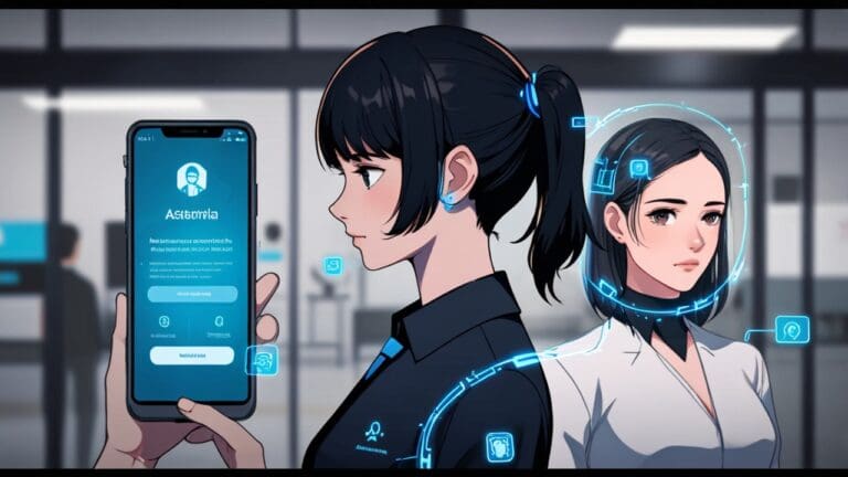 Una ilustración de una aplicación de inteligencia artificial asistiendo a una persona mayor en un entorno digital moderno.