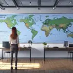 Oficina moderna con pantallas mostrando mapas de expansión de una startup tecnológica