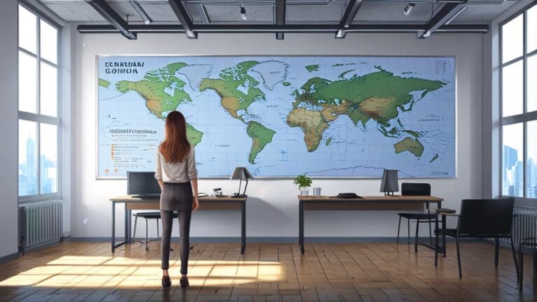 Oficina moderna con pantallas mostrando mapas de expansión de una startup tecnológica