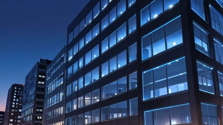 Edificios modernos y tecnológicos con luces brillantes al anochecer