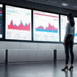 Oficina moderna con pantallas digitales y gráficos financieros en exhibición