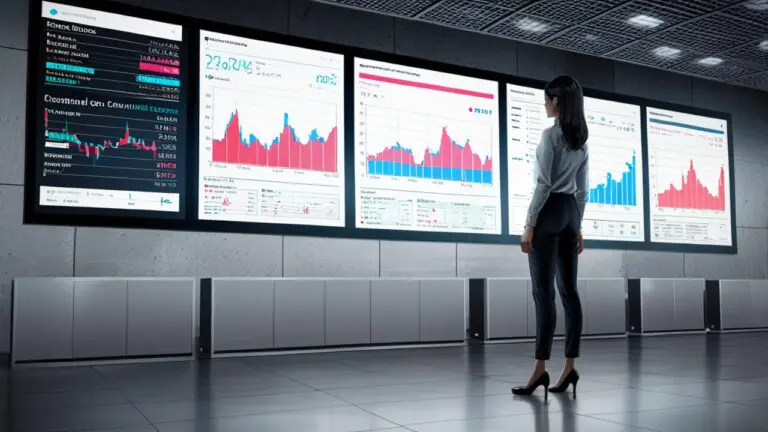 Oficina moderna con pantallas digitales y gráficos financieros en exhibición