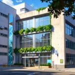 Edificio moderno de una startup tecnológica con enfoque ecológico, rodeado de vegetación urbana en un día soleado