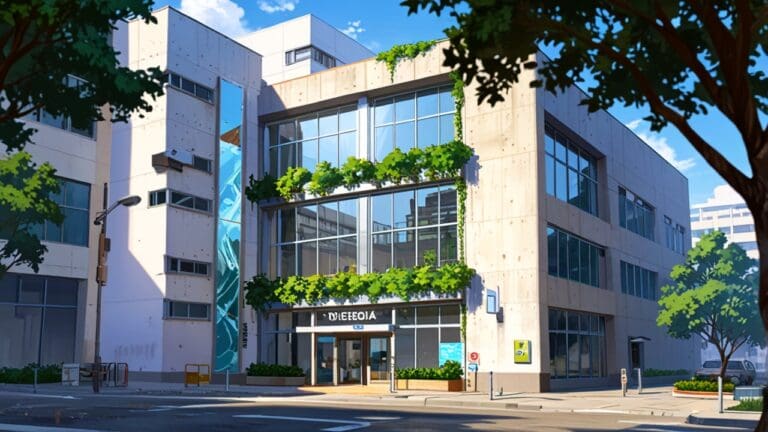 Edificio moderno de una startup tecnológica con enfoque ecológico, rodeado de vegetación urbana en un día soleado