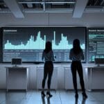 Oficinas modernas de tecnología con pantallas mostrando análisis de datos