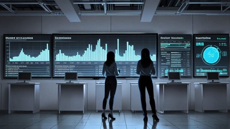 Oficinas modernas de tecnología con pantallas mostrando análisis de datos