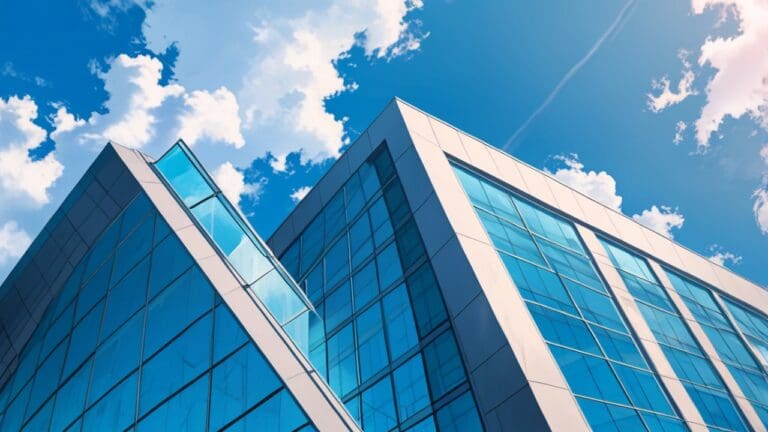 Edificio moderno de tecnológica corporativa visto desde el exterior con cielo azul