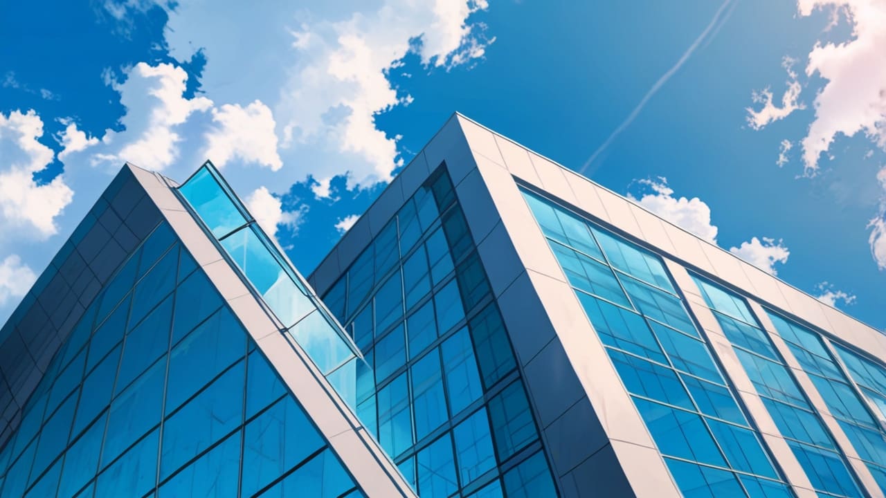 Edificio moderno de tecnológica corporativa visto desde el exterior con cielo azul