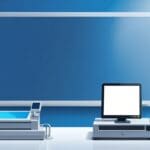 Dispositivo POS moderno sobre un fondo de tonos azules tecnológicos