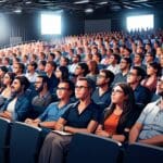 Auditorio repleto con emprendedores tecnológicos en una conferencia sobre innovación.
