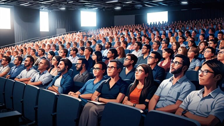 Auditorio repleto con emprendedores tecnológicos en una conferencia sobre innovación.