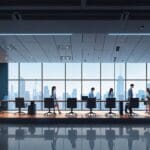 Oficinas modernas y dispositivos tecnológicos, simbolizando innovación financiera.