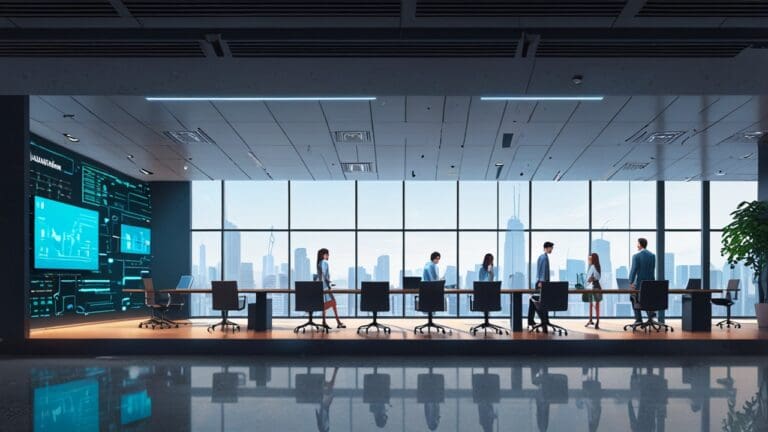 Oficinas modernas y dispositivos tecnológicos, simbolizando innovación financiera.