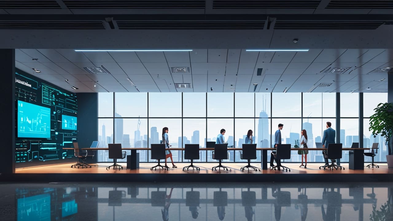 Oficinas modernas y dispositivos tecnológicos, simbolizando innovación financiera.