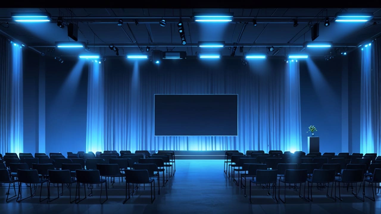 Salón de conferencias moderno con proyecciones digitales y luces azules