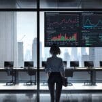 Oficina moderna y tecnológica vista desde el interior con pantallas de datos