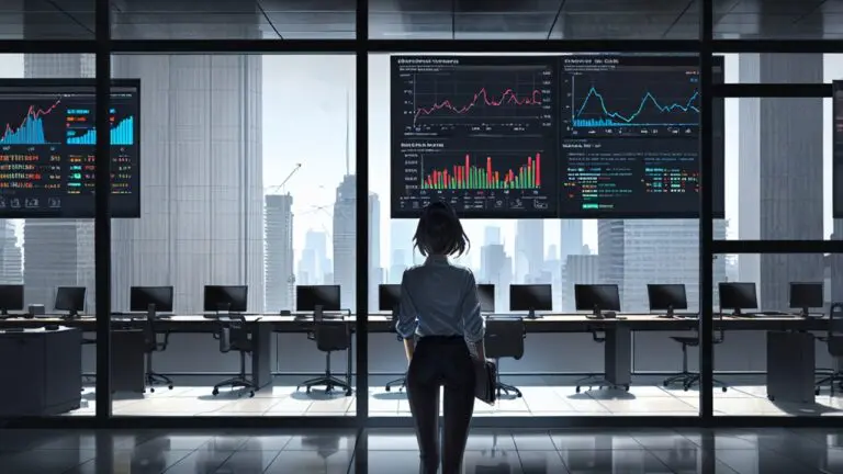 Oficina moderna y tecnológica vista desde el interior con pantallas de datos