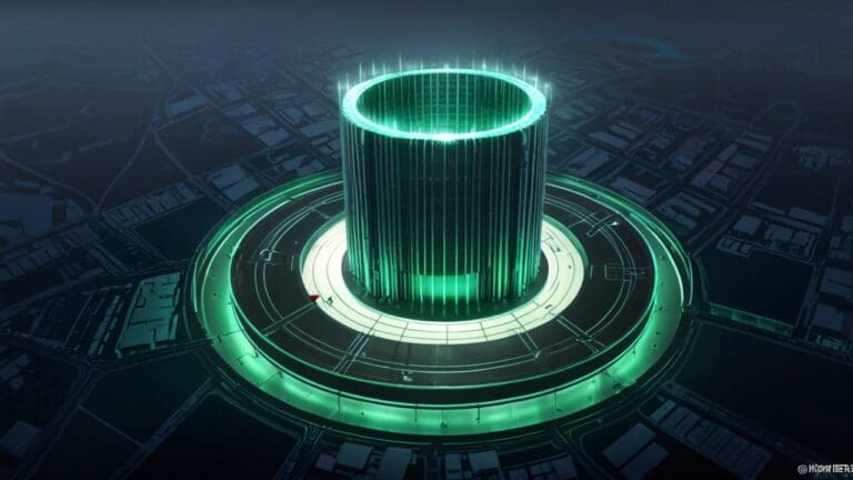 Vista aérea de un moderno centro de convenciones iluminado, rodeado de áreas verdes