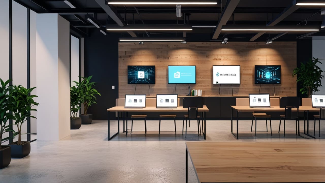 Interior de una oficina moderna con laptops y pizarras interactivas enfocadas en startups