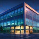 Edificio corporativo moderno con luces azules y verdes al atardecer.