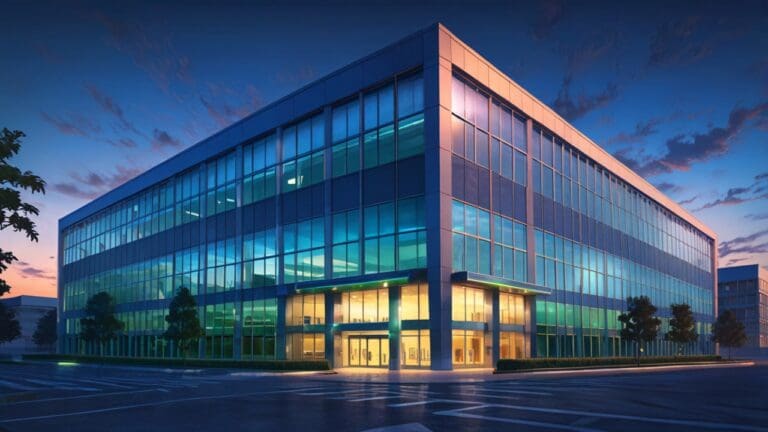 Edificio corporativo moderno con luces azules y verdes al atardecer.