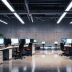 Espacio de trabajo moderno y luminoso con computadoras y dispositivos tecnológicos, destacando un enfoque corporativo innovador.