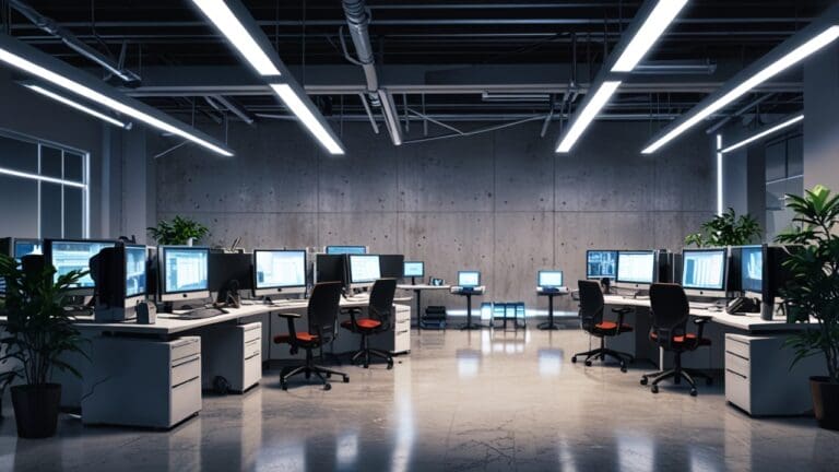 Espacio de trabajo moderno y luminoso con computadoras y dispositivos tecnológicos, destacando un enfoque corporativo innovador.