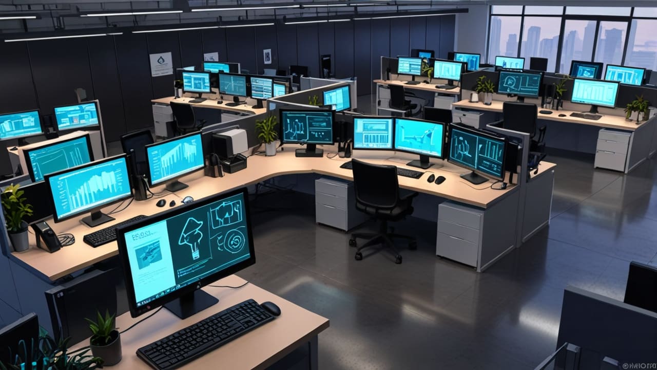 Oficinas modernas de una startup tecnológica con computadoras y monitores mostrando gráficos de inteligencia artificial.