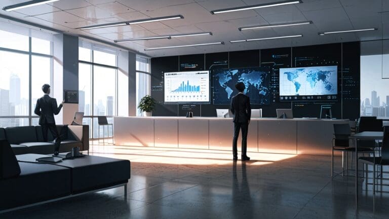 Oficinas modernas con tecnología avanzada y pantallas digitales mostrando datos.