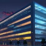 Edificio moderno corporativo al atardecer con luces encendidas, simbolizando innovación financiera