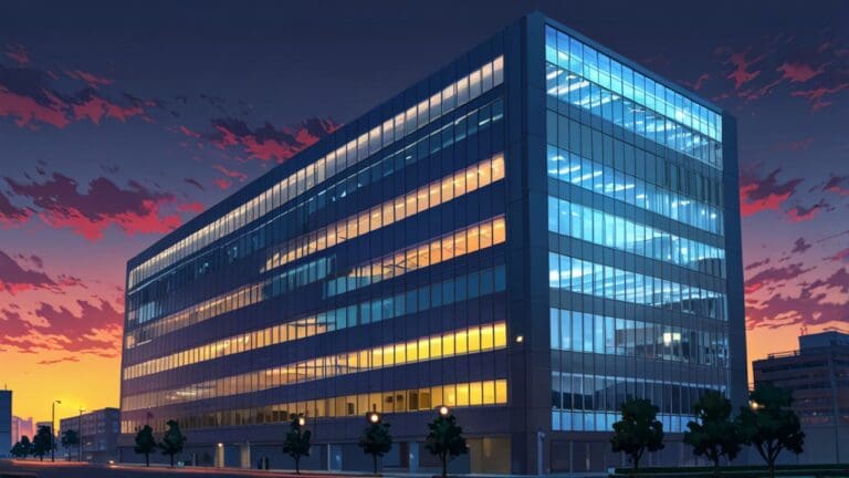 Edificio moderno corporativo al atardecer con luces encendidas, simbolizando innovación financiera